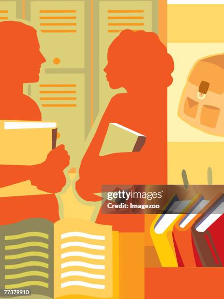 ilustrações de stock, clip art, desenhos animados e ícones de two students talking by their lockers - soletrar