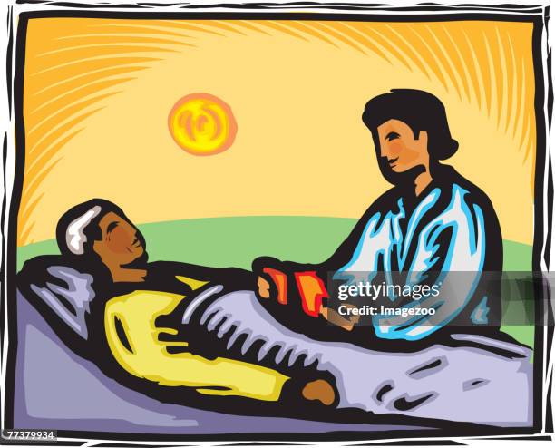 nurse reading to patient - elderly patient looking at a nurse stock illustrations