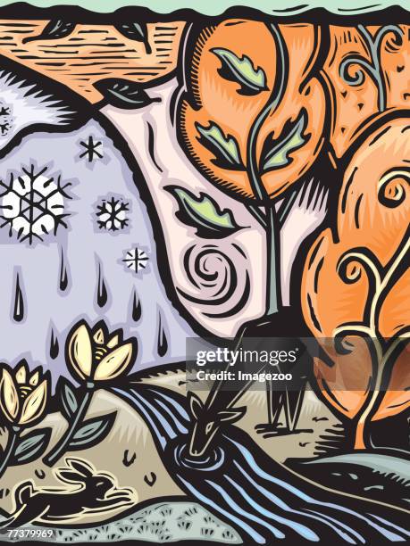 seasons in nature - deer creek stock illustrations