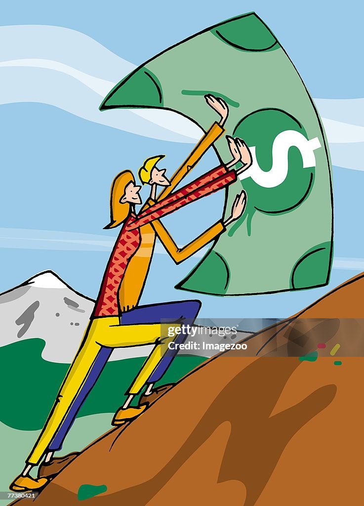Two people pushing a dollar bill up a hill