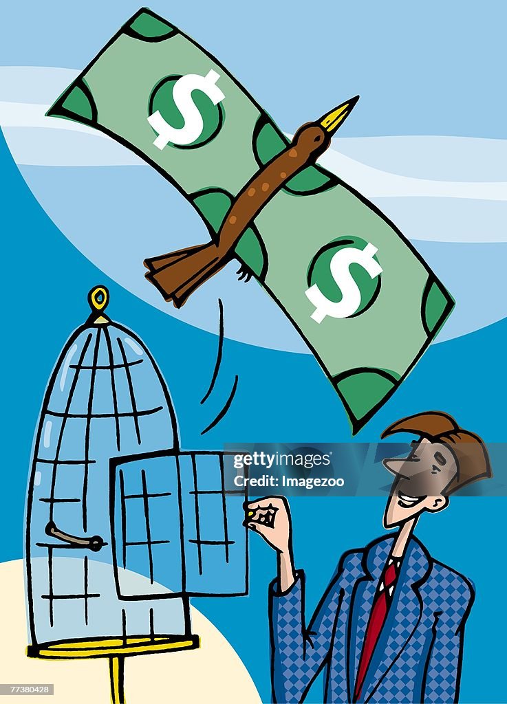 Bird with wings made of money flying out of a cage