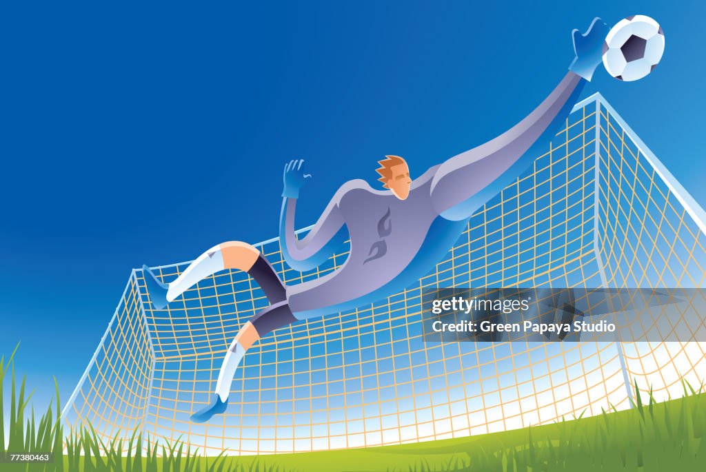 A soccer goalie in action