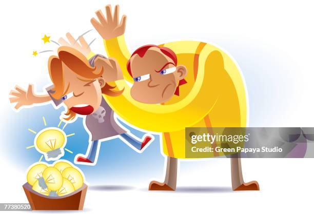 stockillustraties, clipart, cartoons en iconen met a father making his son spit out lightbulb by hitting the boy on the back - een pak voor de broek geven