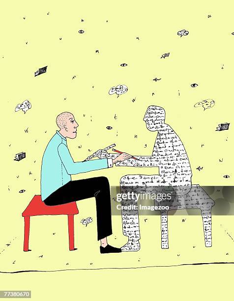 man talking to a person made of words - diktieren stock-grafiken, -clipart, -cartoons und -symbole