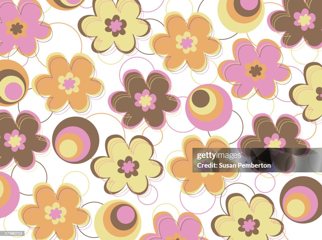 Illustrated abstract pattern with colorful flowers