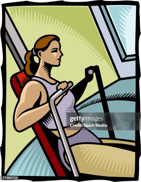 a woman exercising on a rowing machine - rowing machine stock illustrations