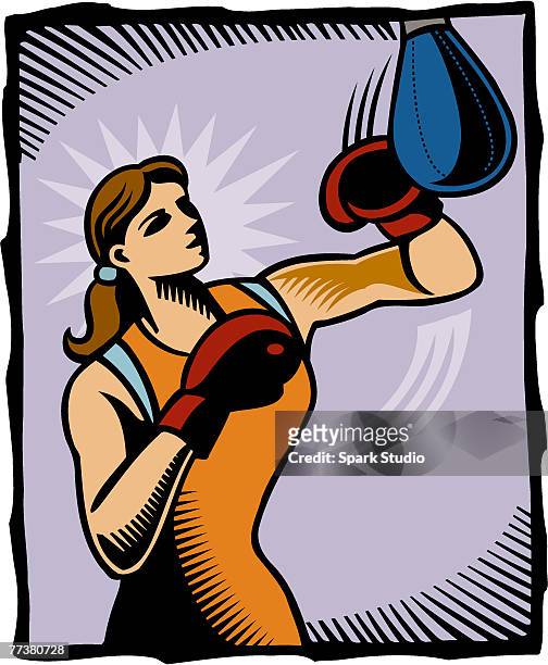 ilustrações de stock, clip art, desenhos animados e ícones de a woman boxing a punch bag - boxe feminino