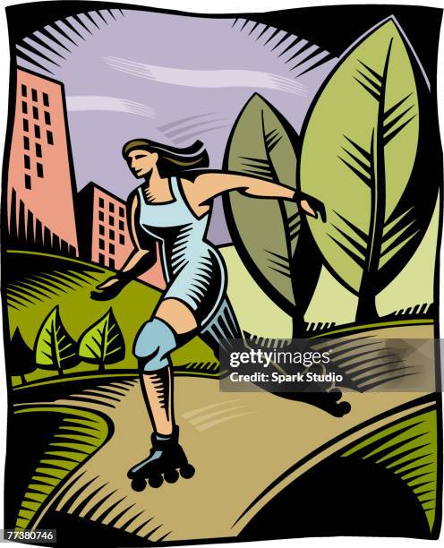 a woman rollerblading in a park - roller blade stock illustrations
