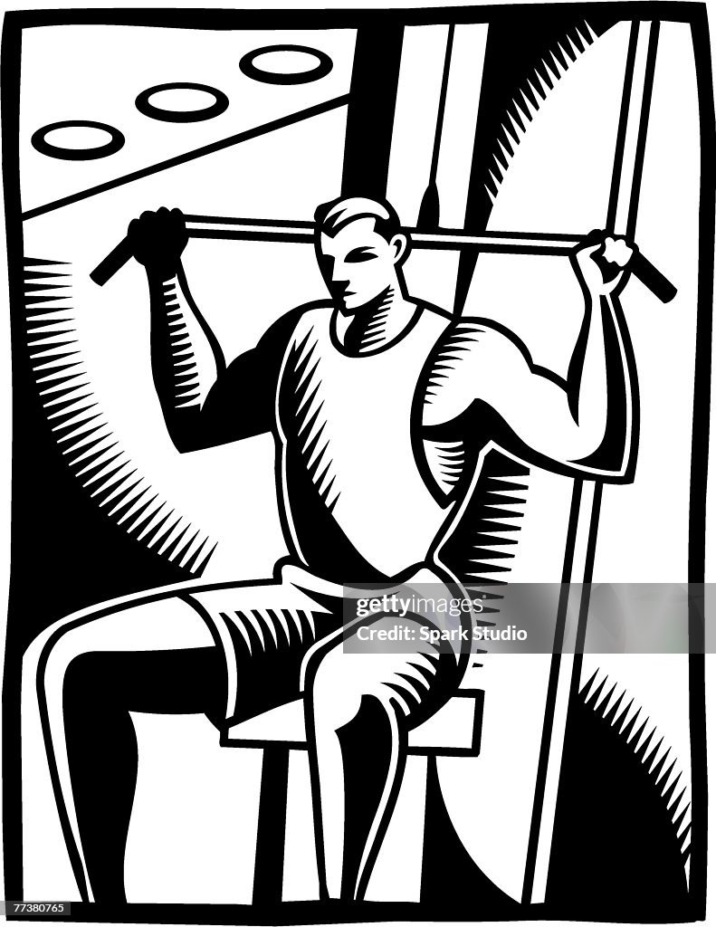 A black and white illustration of a man using the lateral pull