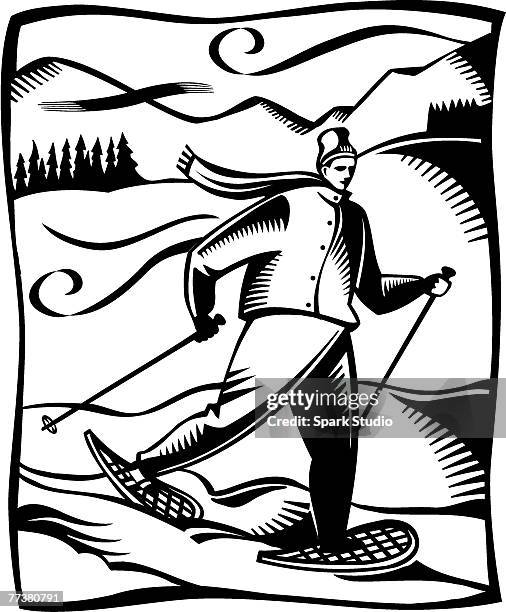 ilustraciones, imágenes clip art, dibujos animados e iconos de stock de a black and white drawing of a man snowshoeing on a snowy mountain - tobogganing