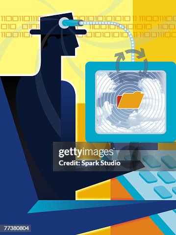 A Cartoon Drawing Of The Exchange Of Data Using Computer Technology ...