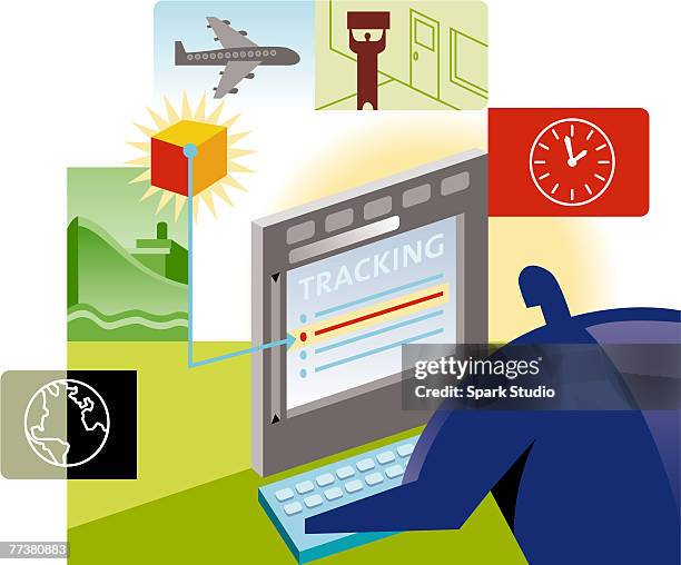 a man tracking shipments using a computer - coordinator stock illustrations