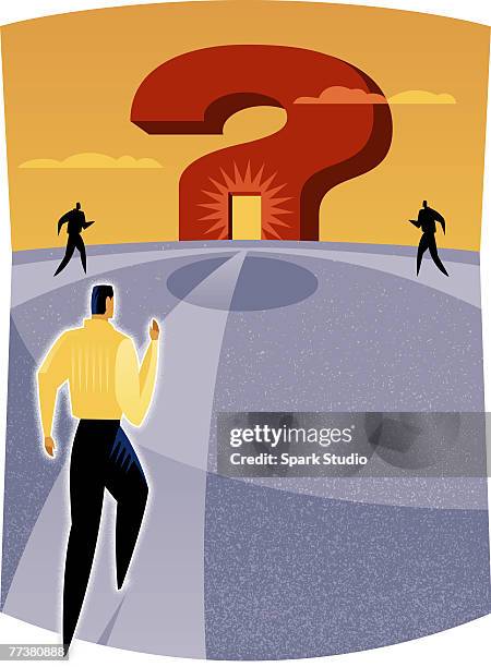 three men walking towards the doorway of a question mark - un certain regard stock illustrations