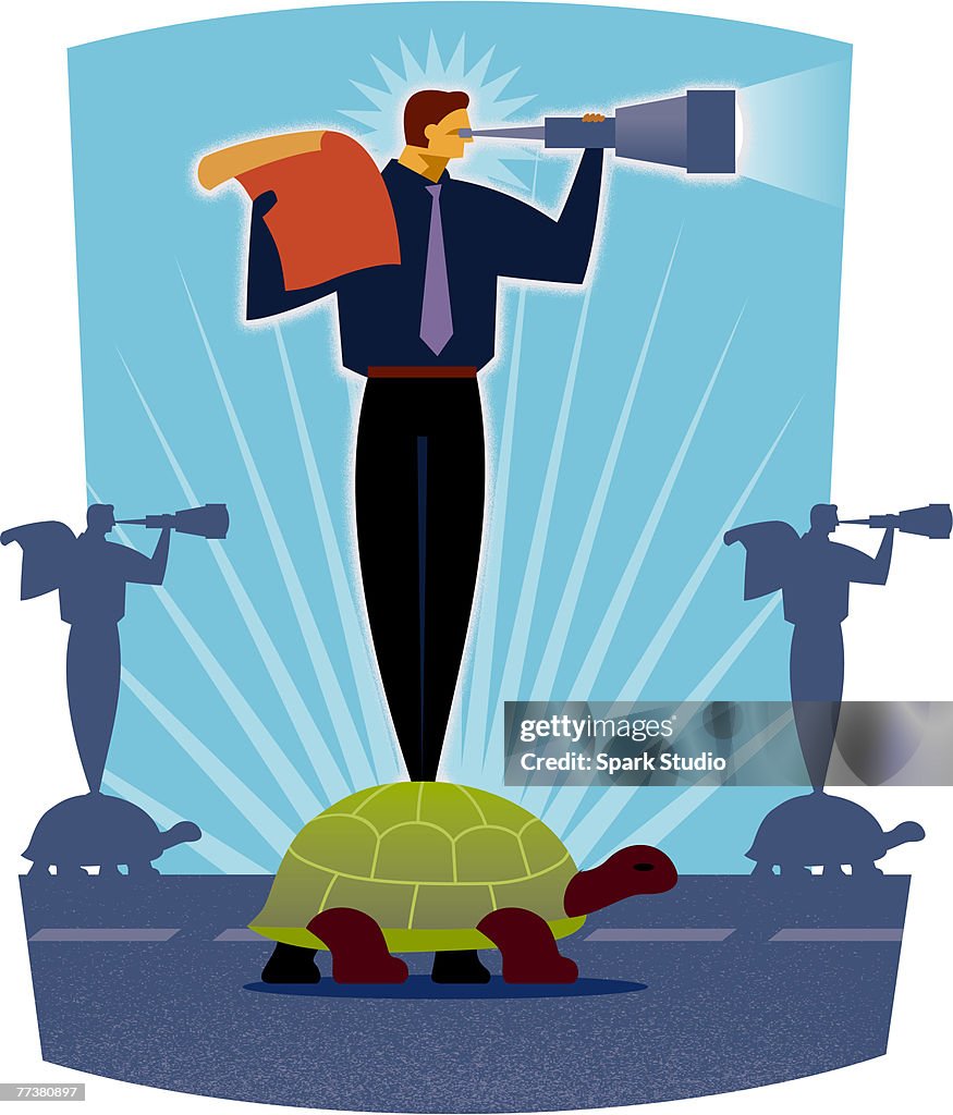 A man standing on a turtle while looking through a telescope