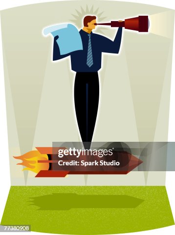 A man standing on a rocket while looking through a telescope A man standing on a rocket while looking through a telescope