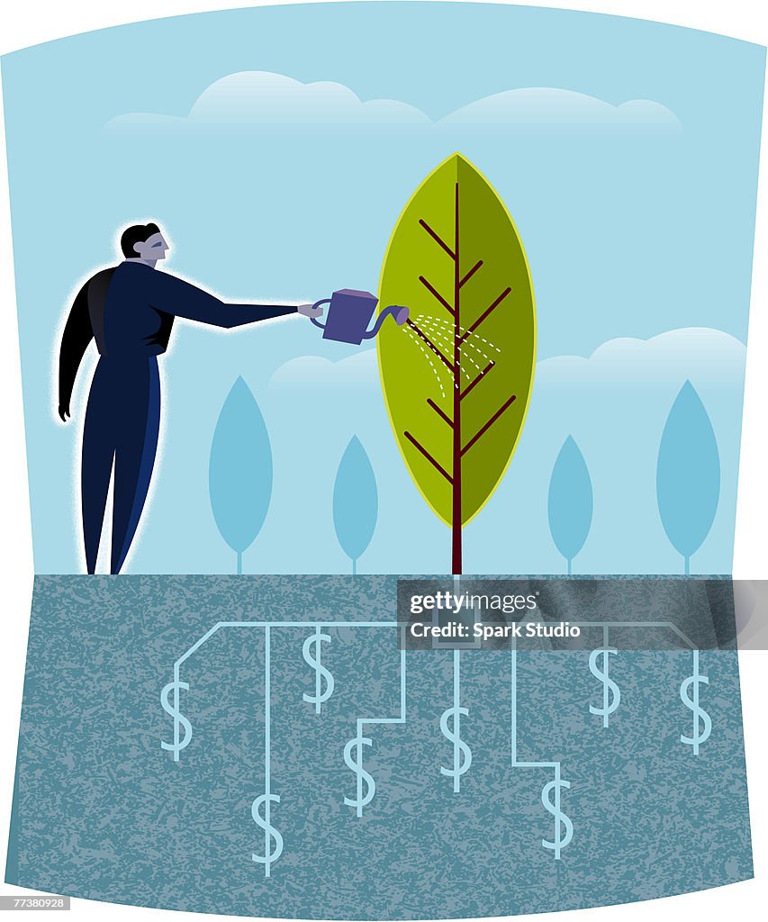 A businessman watering a tree