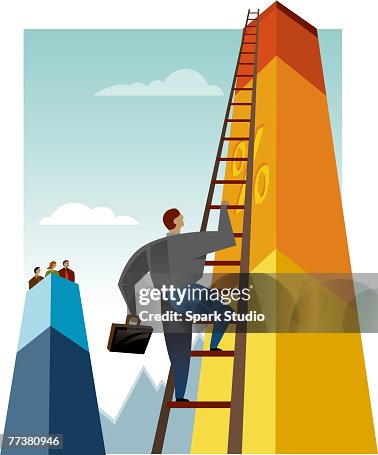 A man climbing a chart using a ladder A man climbing a chart using a ladder
