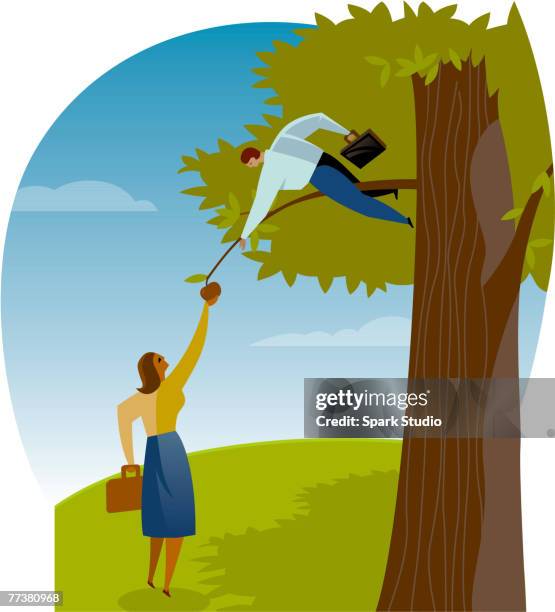 a man and woman reaching for an apple on a tree - tweezing eyebrows stock illustrations