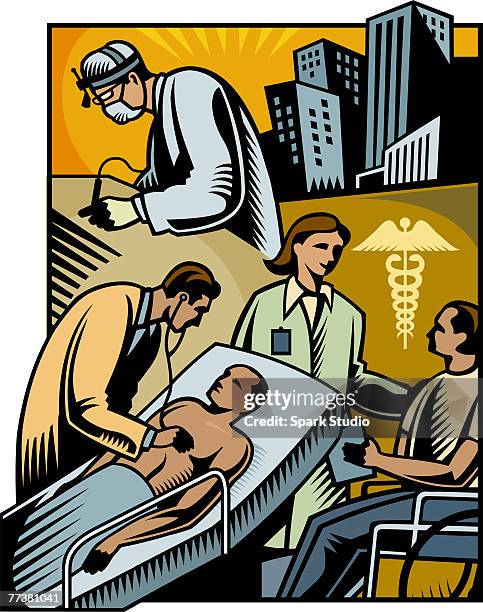 a healthcare montage composes of many different pictures - operating gown stock illustrations