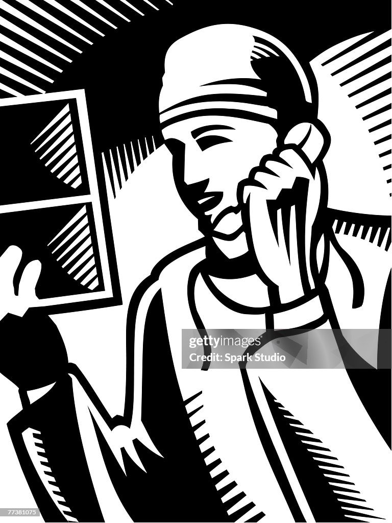 A black and white drawing of a doctor on the phone