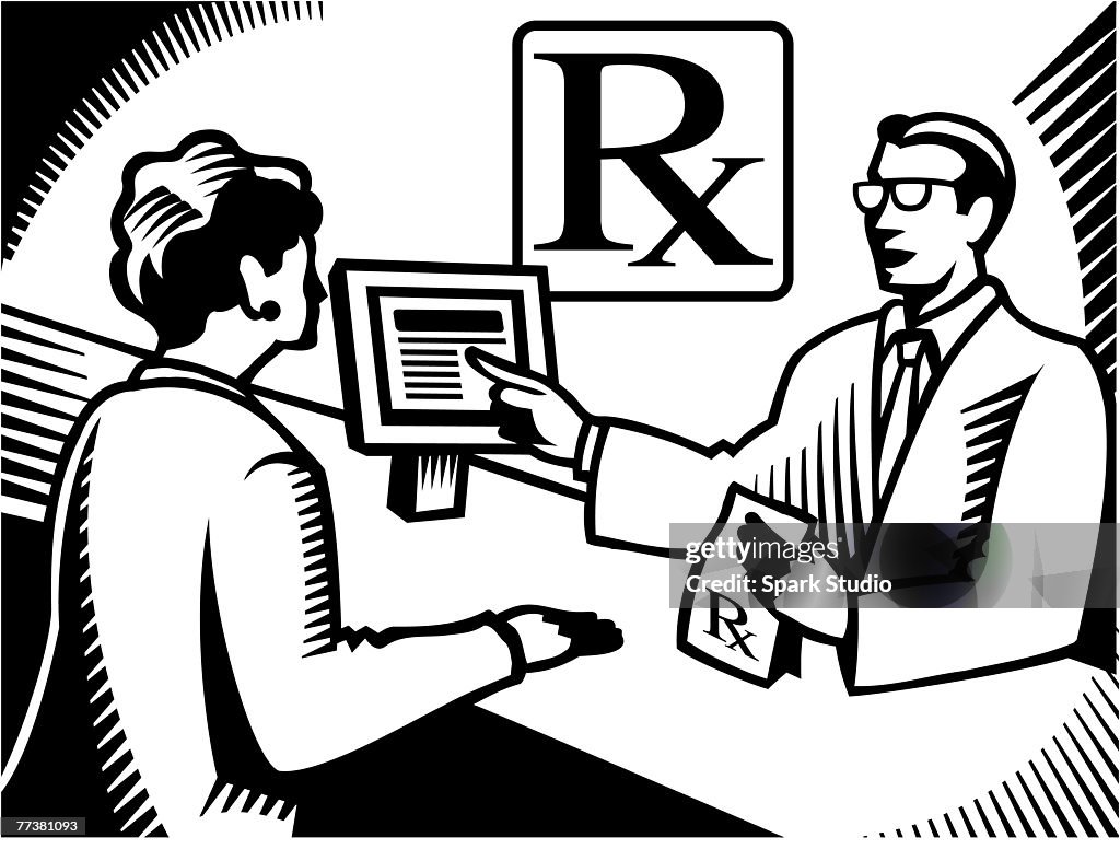 A pharmacist explaining a prescription to a customer drawn black and white