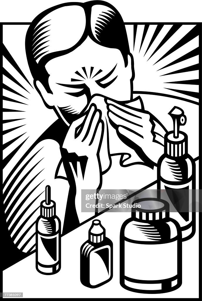 A black and white picture of a man having cold and flu