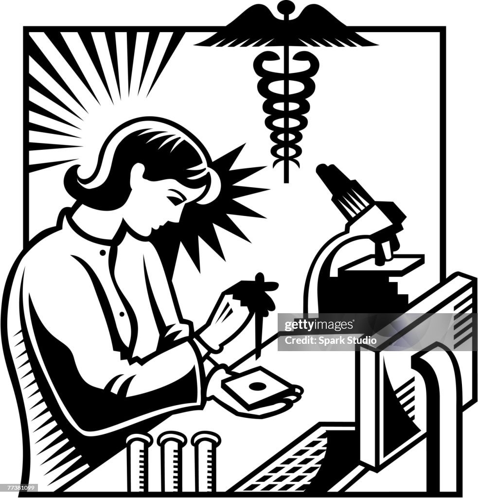 Lab Testing Art A Black And White Illustration Of A Woman Testing A Specimen In The ...
