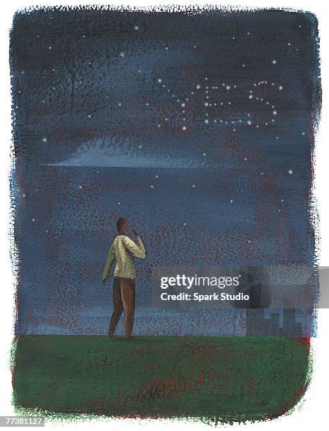 ilustrações, clipart, desenhos animados e ícones de a man looking at the stars forming the word yes - lilium stargazer