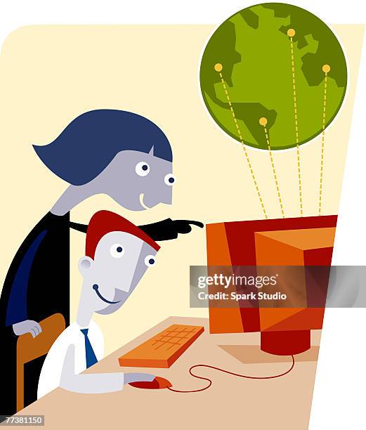 a librarian helping a student to search for information on the computer - kid virtual learning stock illustrations