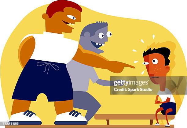 two bullies pointing at another boy - kid nagging stock illustrations