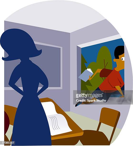 a boy escaping a classroom through the window - eskapismus stock-grafiken, -clipart, -cartoons und -symbole