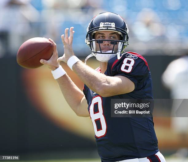 Quarterback Matt Schaub of the Houston Texans throws a pass during a game against the Carolina Panthers at Bank of America Stadium on September 16,...