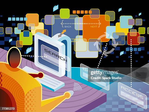 a man using a web browser - in the search of spark stock-grafiken, -clipart, -cartoons und -symbole