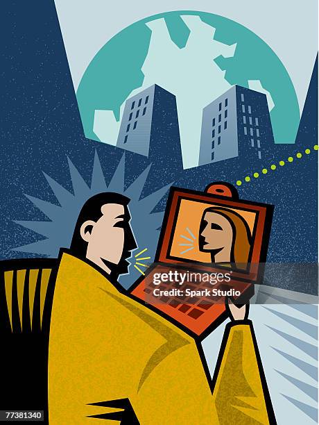 a man participating in a web conference - using laptop outside stock illustrations