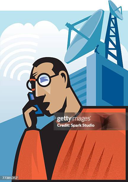 a man using his cell phone - using phone outside stock illustrations