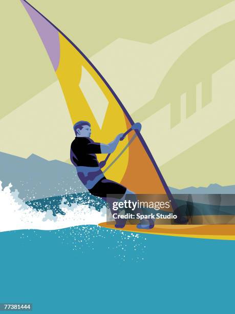 a man windsurfing - windsurfbrett stock-grafiken, -clipart, -cartoons und -symbole