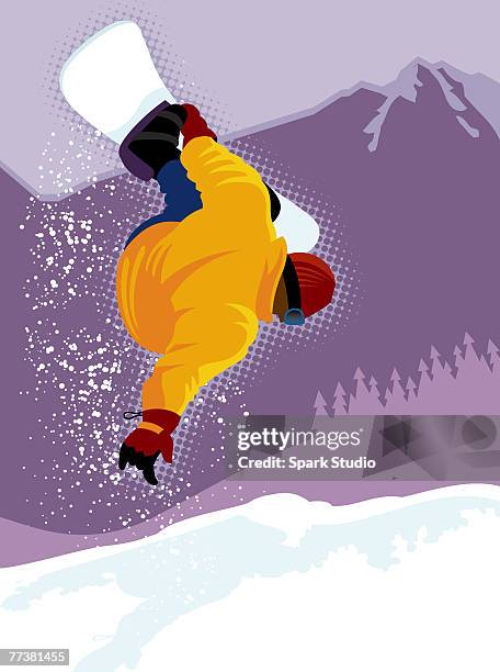 a snowboarder trying out a trick - jumping the building stock illustrations