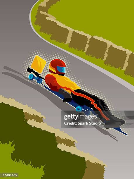 a street luger riding a luge board down the road - luge stock illustrations