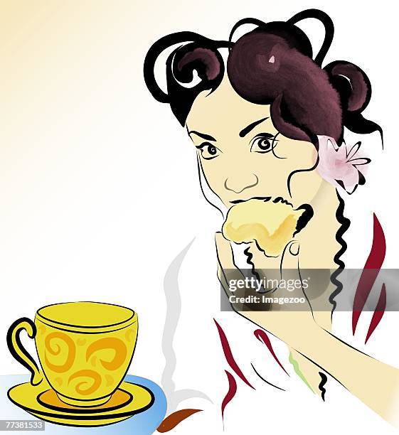 woman eating a biscuit and having tea - スコーン点のイラスト素材／クリップアート素材／マンガ素材／アイコン素材