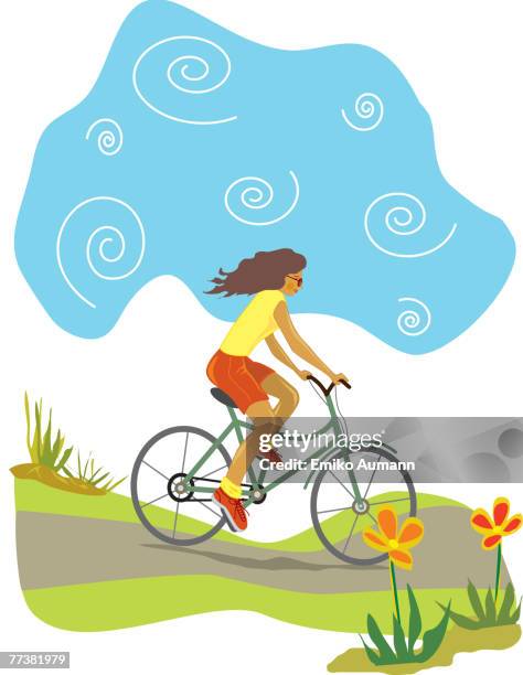 illustrations, cliparts, dessins animés et icônes de a woman riding her bike downhill - femme printemps