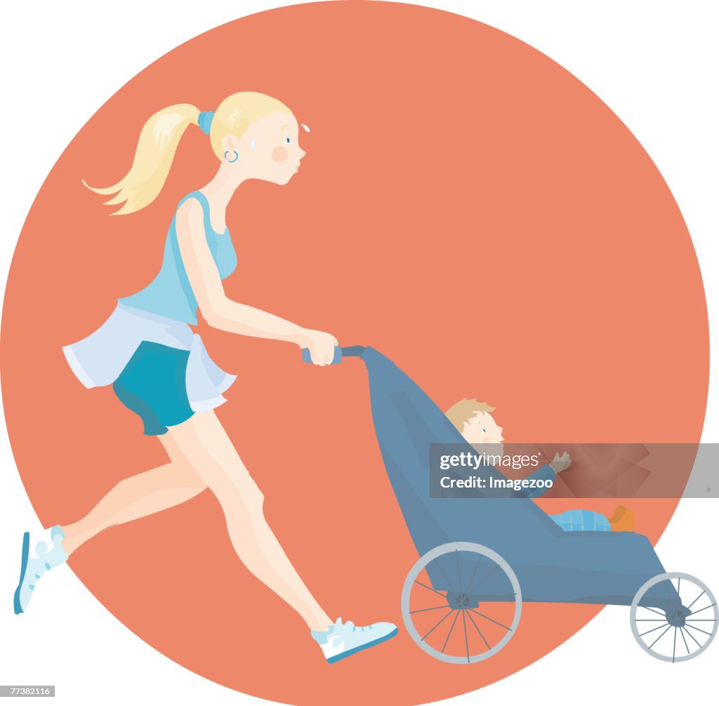 Mom jogging with baby in stroller