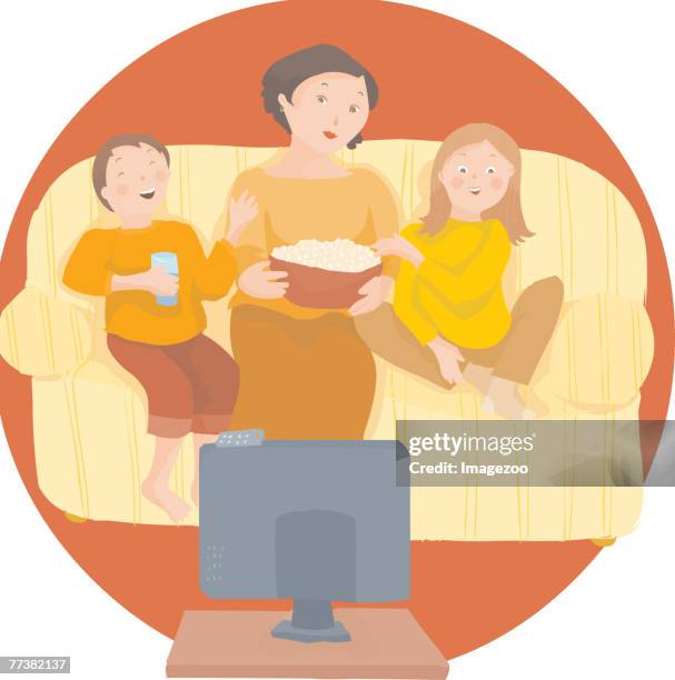 mom watching a movie with her children - tv family stock illustrations