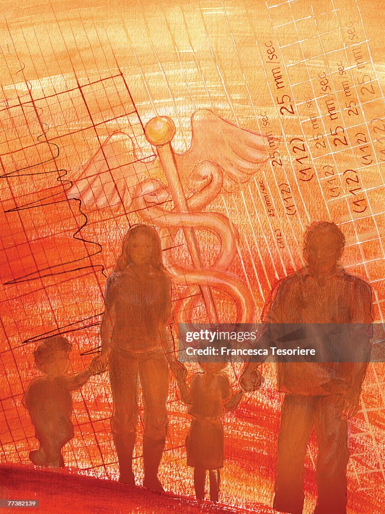 A silhouette of a family with a caduceus in the background