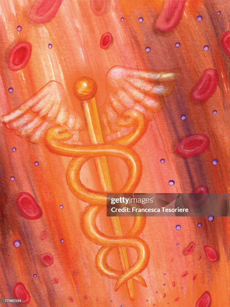 A illustration of caduceus with red blood cells