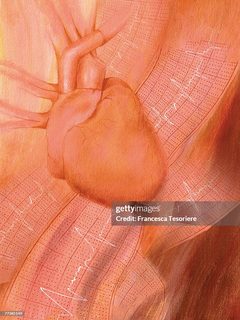 An illustration of a heart with heartbeat graph in the background