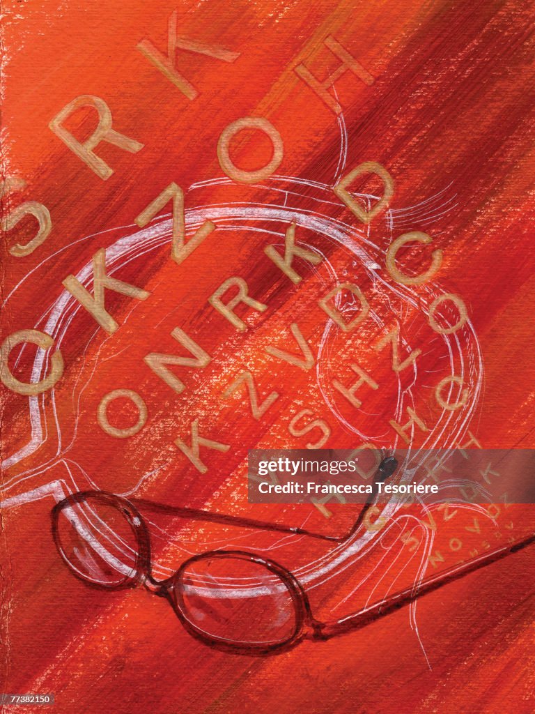 Pair of glasses, eye chart and outline of an eyeball