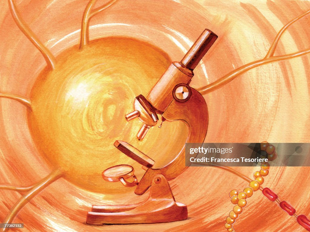 Microscope in front of cell, on orange background