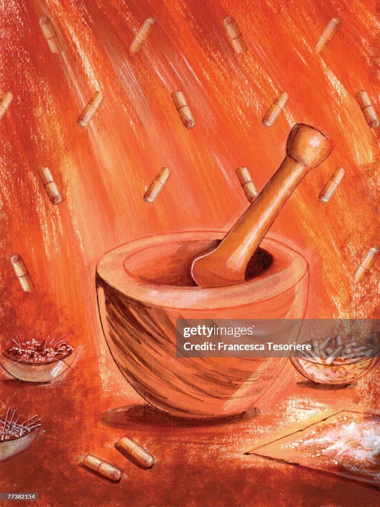 Mortar and pestle and pills,red background
