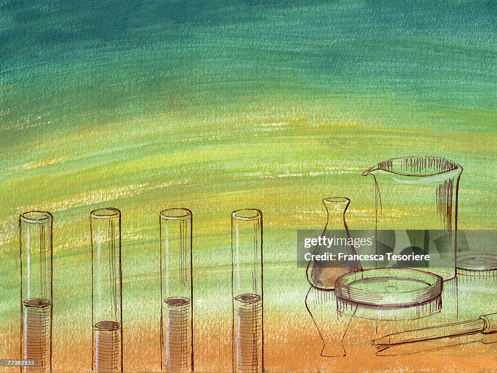 Test tubes and beakers, green background