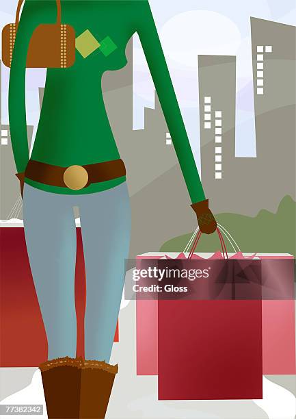 a woman on her winter shopping spree - purses and body care stock illustrations